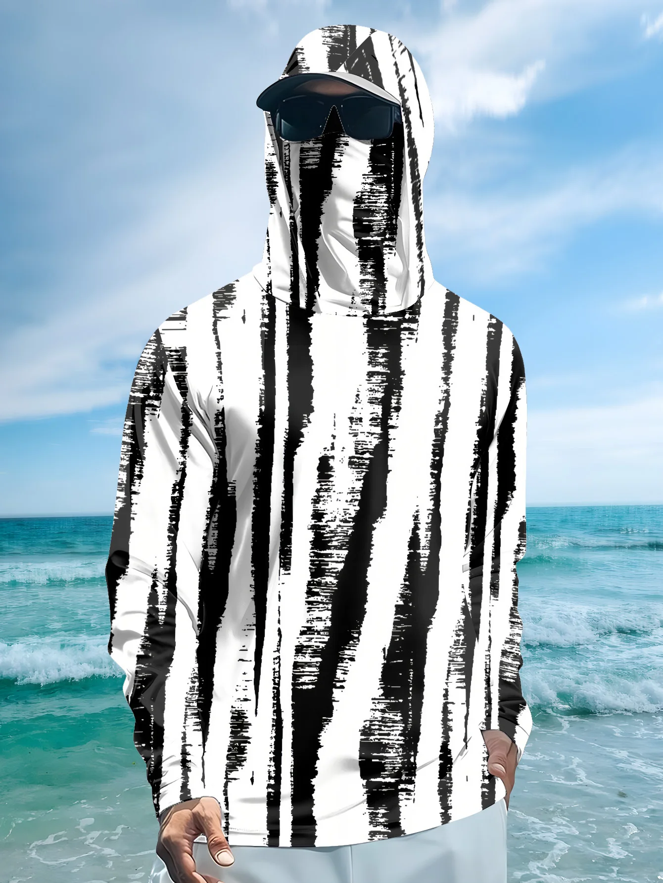 Fishing Hoodie - Men Black‑White Stripe Fishing Hoodie With