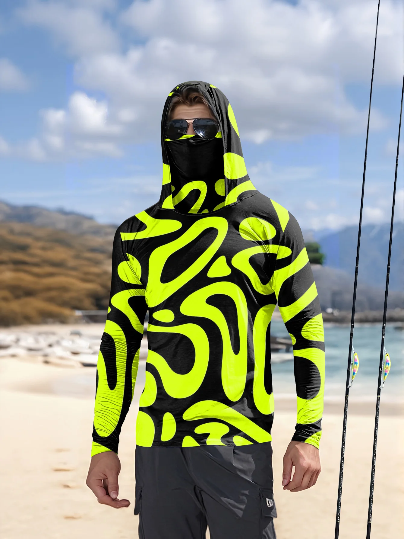 Fishing Shirt Uv Protection - Men's Neon Green Abstract Print Hooded