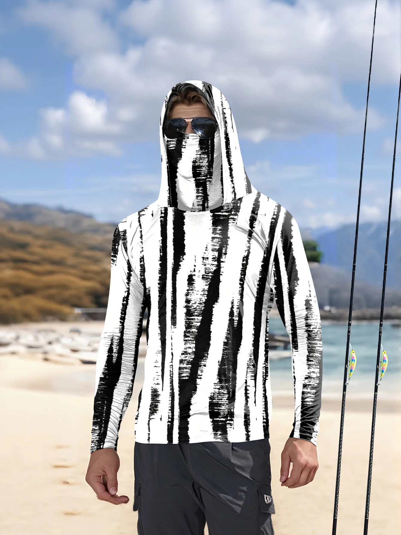 Men Black‑White Stripe Fishing - Fishing Hoodie ulasan dan harga