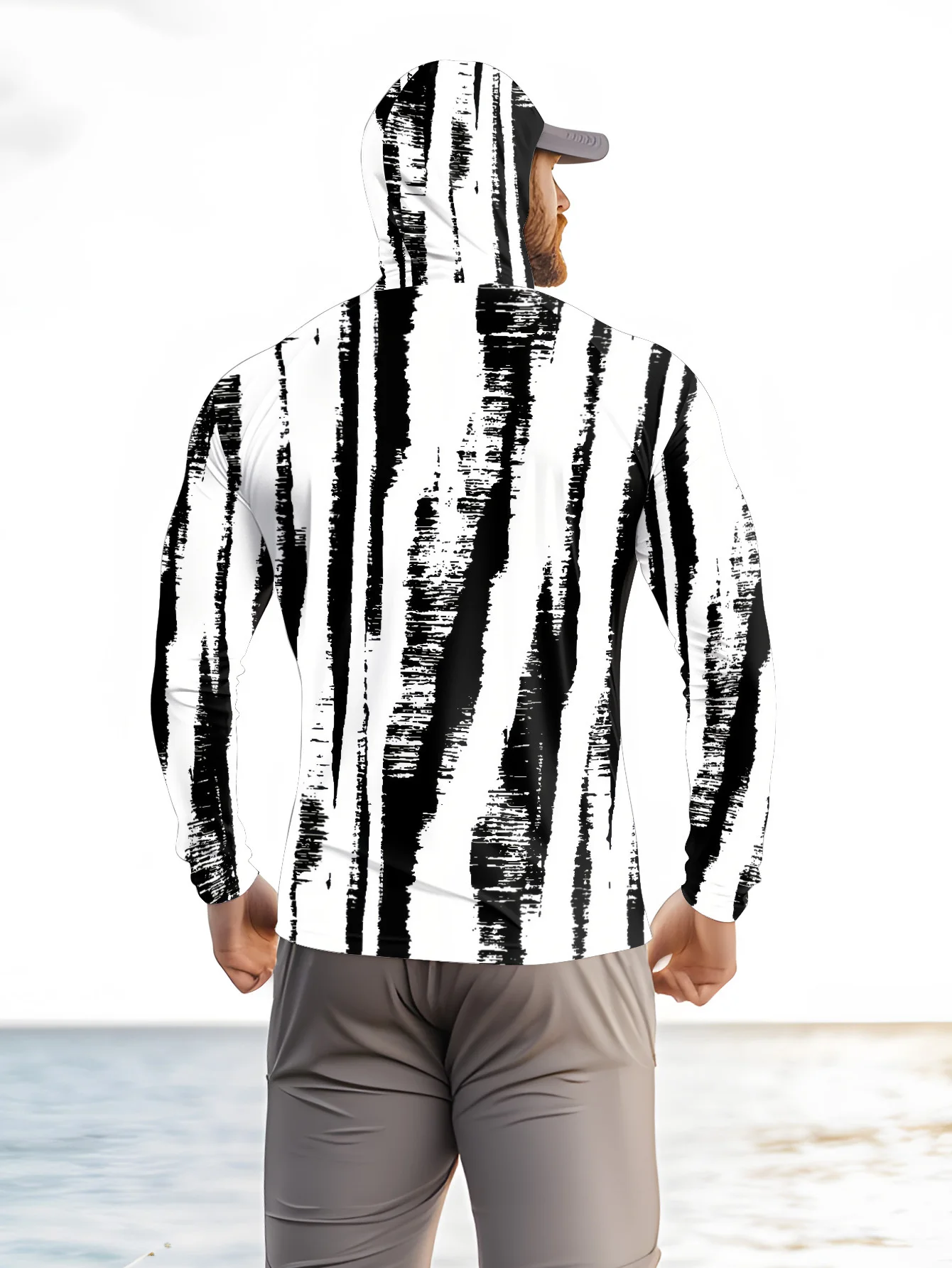 Men Black‑White Stripe Fishing - Fishing Hoodie ulasan dan harga